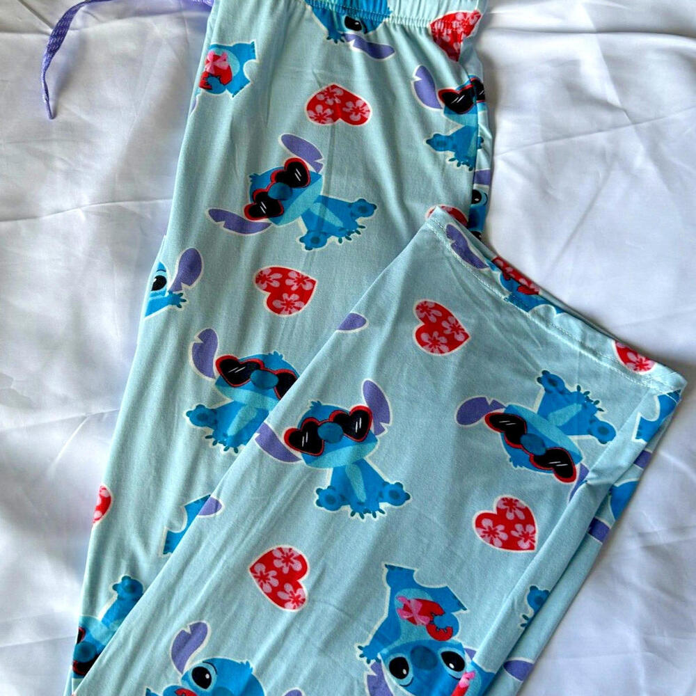 NWT Disney Stitch Pajama Pants Women Blue and Red Hearts Valentine - Size L